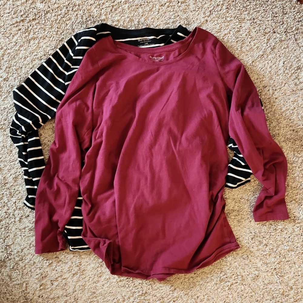 Bumpstart Motherhood Maternity Size Large Long Sleeve Scoop Neck Stripes/Maroon